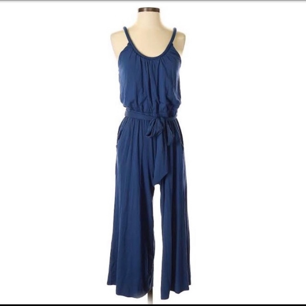 LOFT Jumpsuit soft Navy blue sleeveless tie waist with belt pockets Size Small